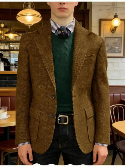 Men's Herringbone Tweed Blazer Classic Fit 2-Button Notch Lapel Flap Pockets Suit Jacket Casual Daily Business Men Sport Coat