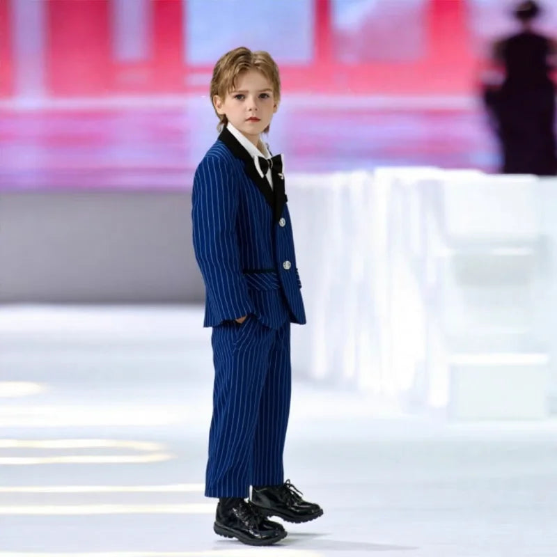 1-11Years Boys Spring Autumn Striped Suit Set Kids Formal Wedding Birthday Party Wear With Jacket Pants Bowtie Brooch