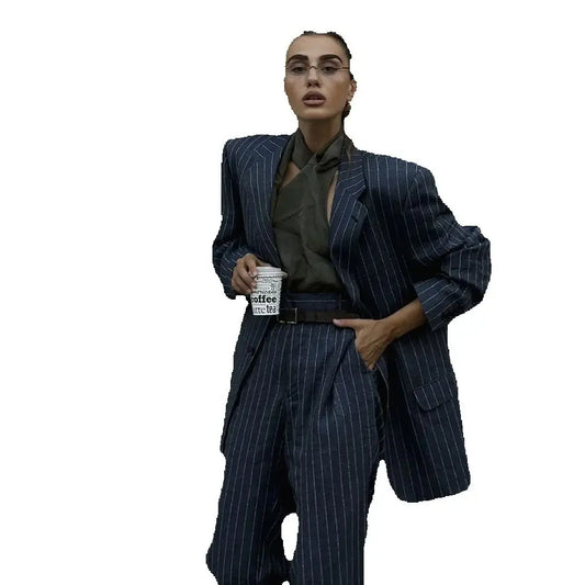 Elegant Women's Pant Sets Linen Striped 2Piece(Jacket+Trousers)Single Breasted Notch Lapel Suit Chic Casual Business Office Wear