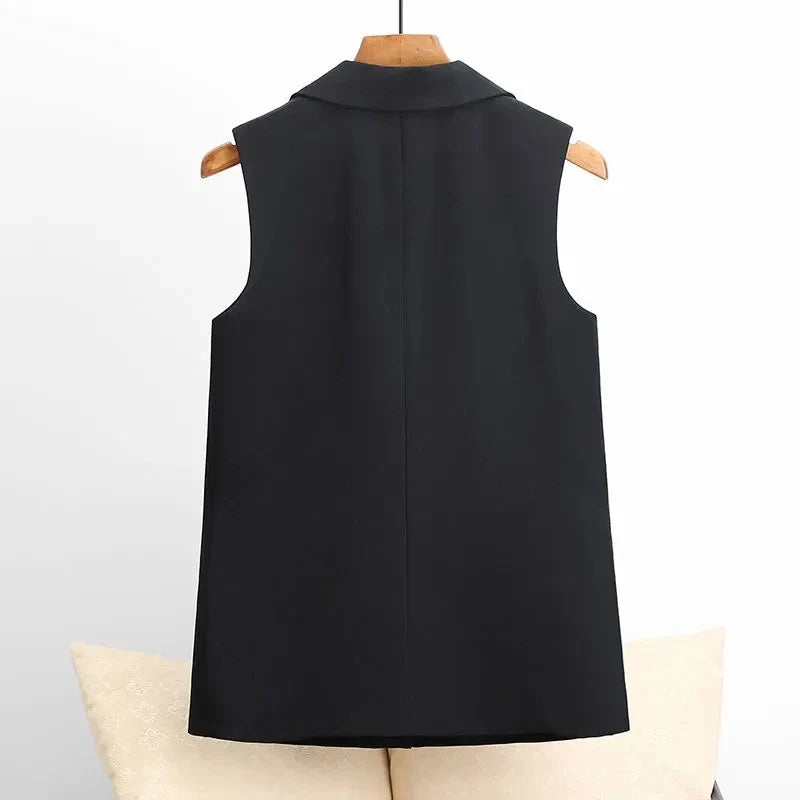 Autumn New Casual Lined Blazer Vest For Women Korean Loose Single Buckle Sleeveless Suit Coat Female Waistcoat Black Vest