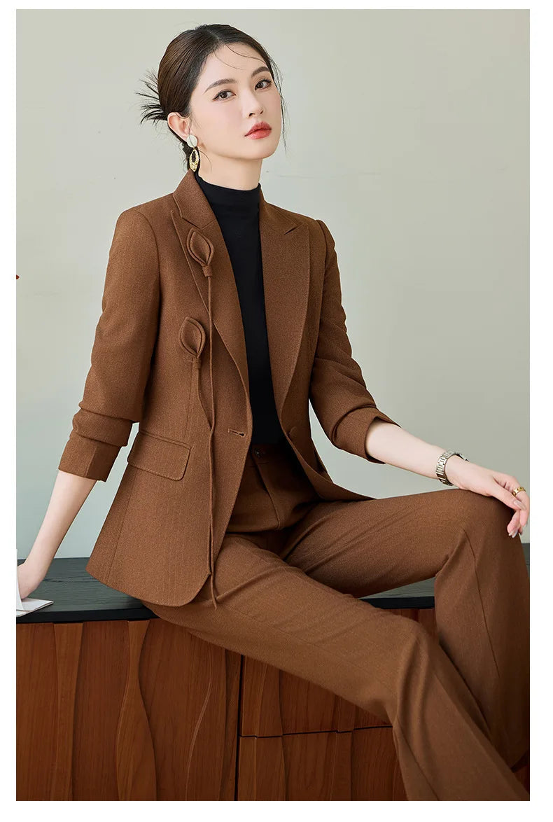 High End Khaki Elegant Fashion Two Piece Set Fashion Women Slim Single Button Blazer And Flare Pant Office Lady Work Wear