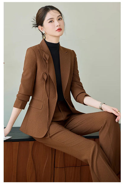 High End Khaki Elegant Fashion Two Piece Set Fashion Women Slim Single Button Blazer And Flare Pant Office Lady Work Wear