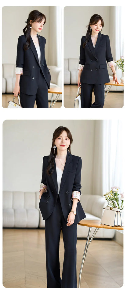 Fashion Elegant Solid Women Blazer Pantsuit Casual Vintage Chic Suit Jackets Wide Leg Pants 2 Pieces Set Female Outfits
