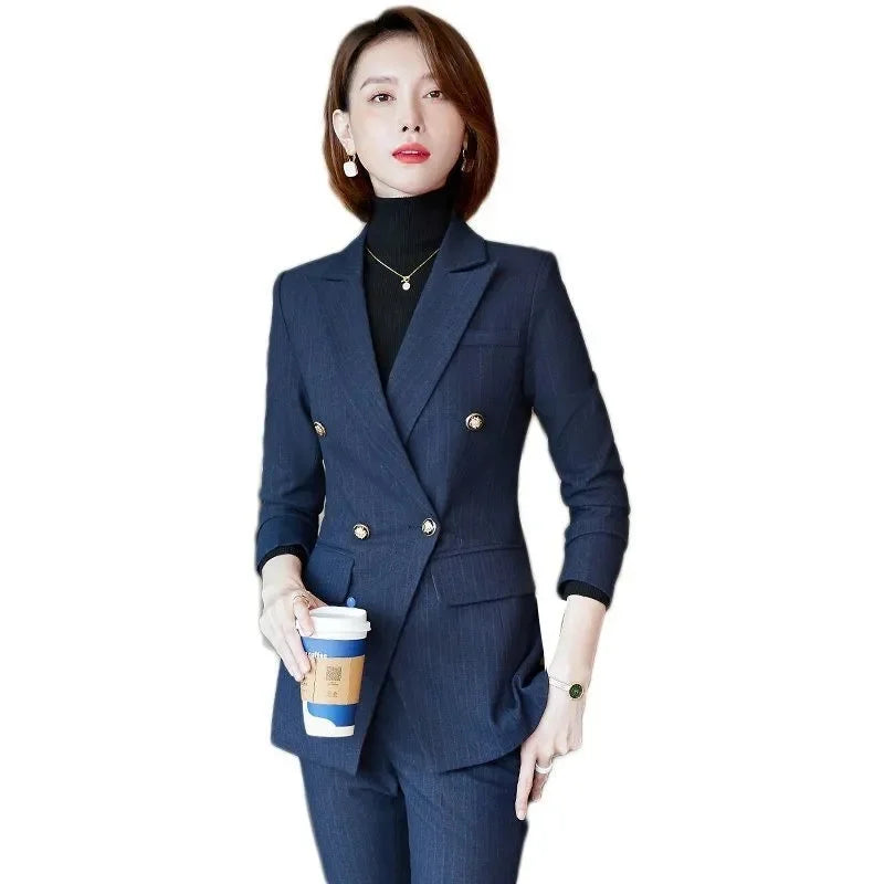 Elegant Office Ladies Two Piece Sets Womens Outifits 2025 New Double Breasted Long Sleeve Blazers Loose Casual Pant Suits