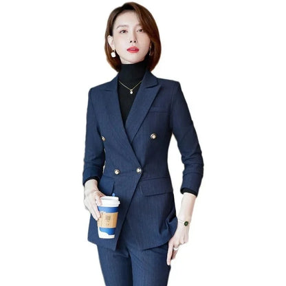 Elegant Office Ladies Two Piece Sets Womens Outifits 2025 New Double Breasted Long Sleeve Blazers Loose Casual Pant Suits