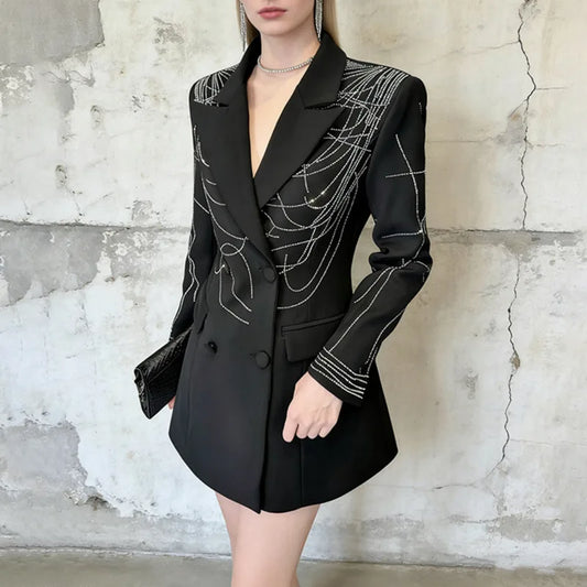 Women Blazer Elegant Tide Dark Heavy Diamonds Line Decoration Long Sleeves Stylish Double Breasted Design Suit-Coat HK24589