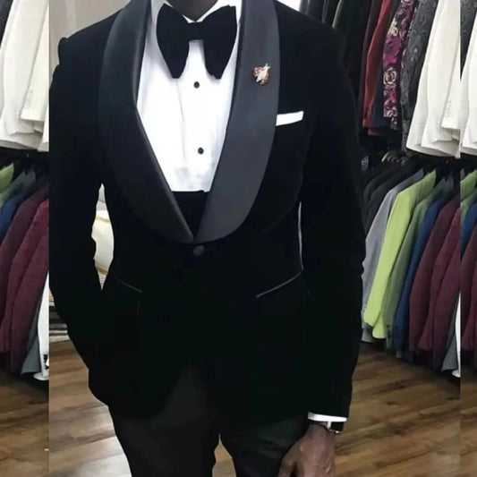 Men's Black Velvet Tuxedo 2 Piece Set Shawl Lapel Slim Fit Blazer And Pants Wedding Groom Male Fashion Costume for Spring