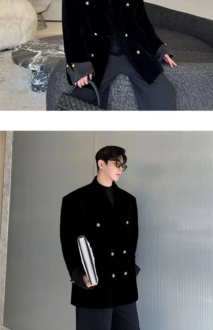 Double Breasted Korean High Quality Blazer Original Elegant Temperament Casual Male Suit Jackets Velvet New Coats LZ7346