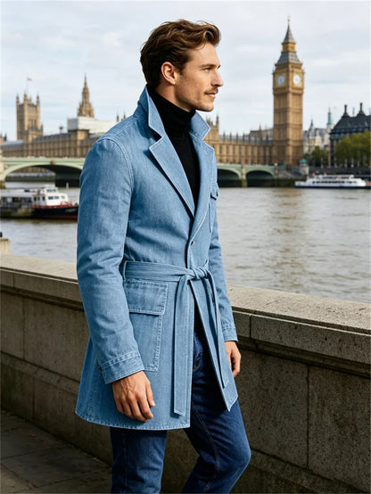 Men's Vintage Mid Length Belted Denim Trench Coat Notched Lapel Casual Workwear Outerwear Stylish Daily Streetwear Jacket