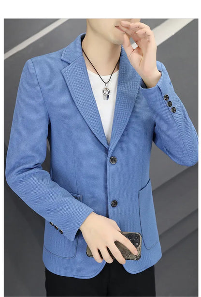 Men's Casual Blazer Two-Button Waffle Pattern for Spring Autumn