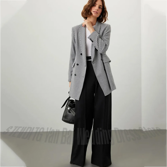 Luxury Women's Suit Houndstooth 2 Piece Double Breasted Peak Lapel Jacket Wide Leg Pants Elegant Formal Office Lady Outfit