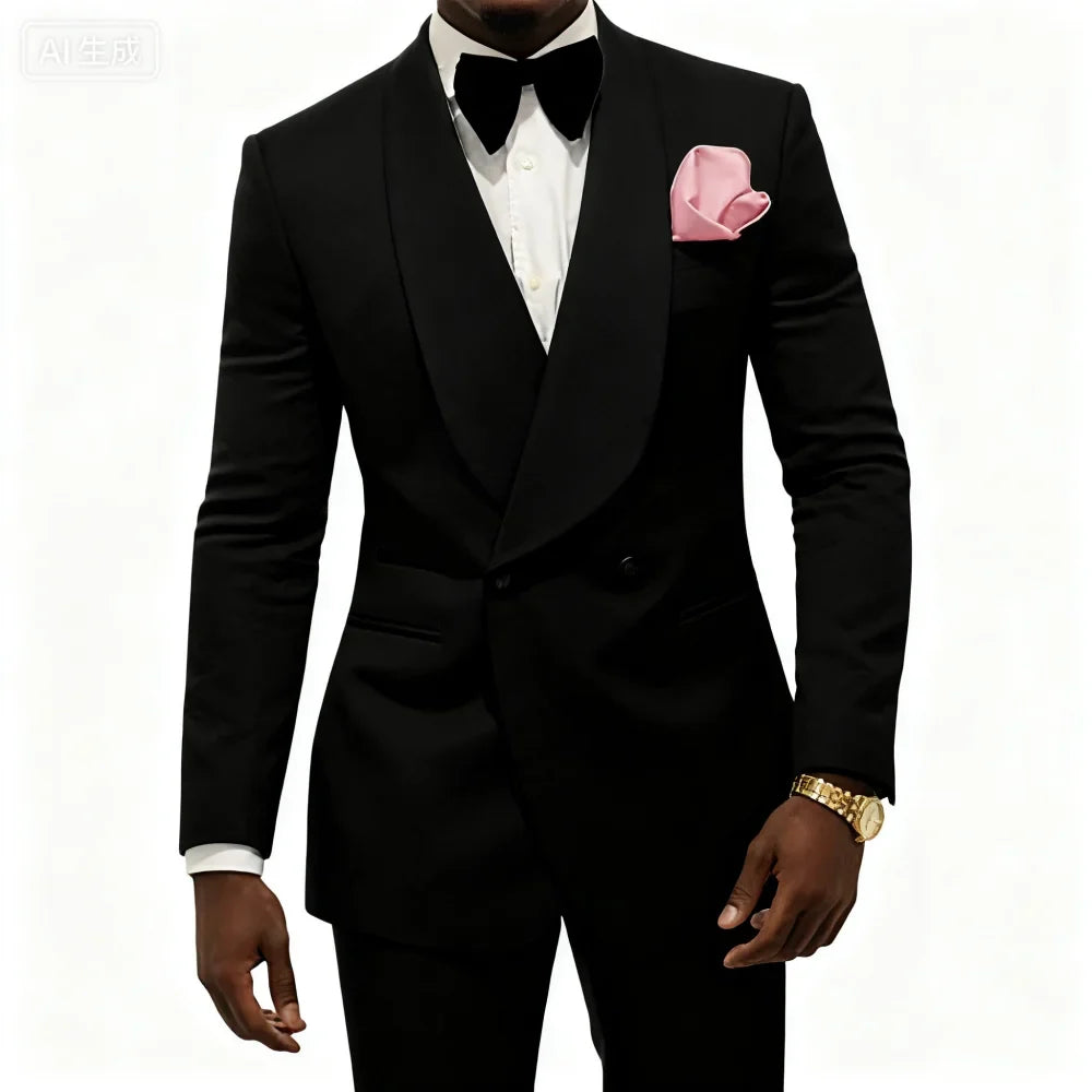Men's Double Breasted 2-Piece Wedding Suit with Rose Jacket — Smoking Suit for Men