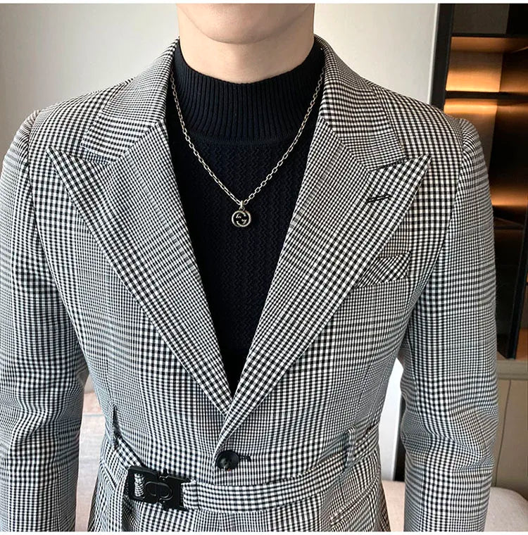 2025 Autumn Winter Classic Checkered Suit Jacket for Men Belt Decoration Slim Fit Casual Business Blazers Social Party Jacket