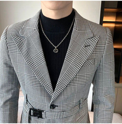 2025 Autumn Winter Classic Checkered Suit Jacket for Men Belt Decoration Slim Fit Casual Business Blazers Social Party Jacket