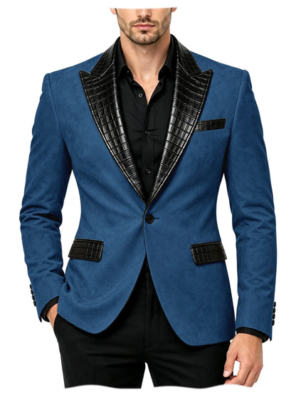 Men's Suede Slim Fit Blazer Jacket Crocodile Pattern Lapel Design Suit Coat Formal Business Prom Wedding Party Tuxedo Outerwear