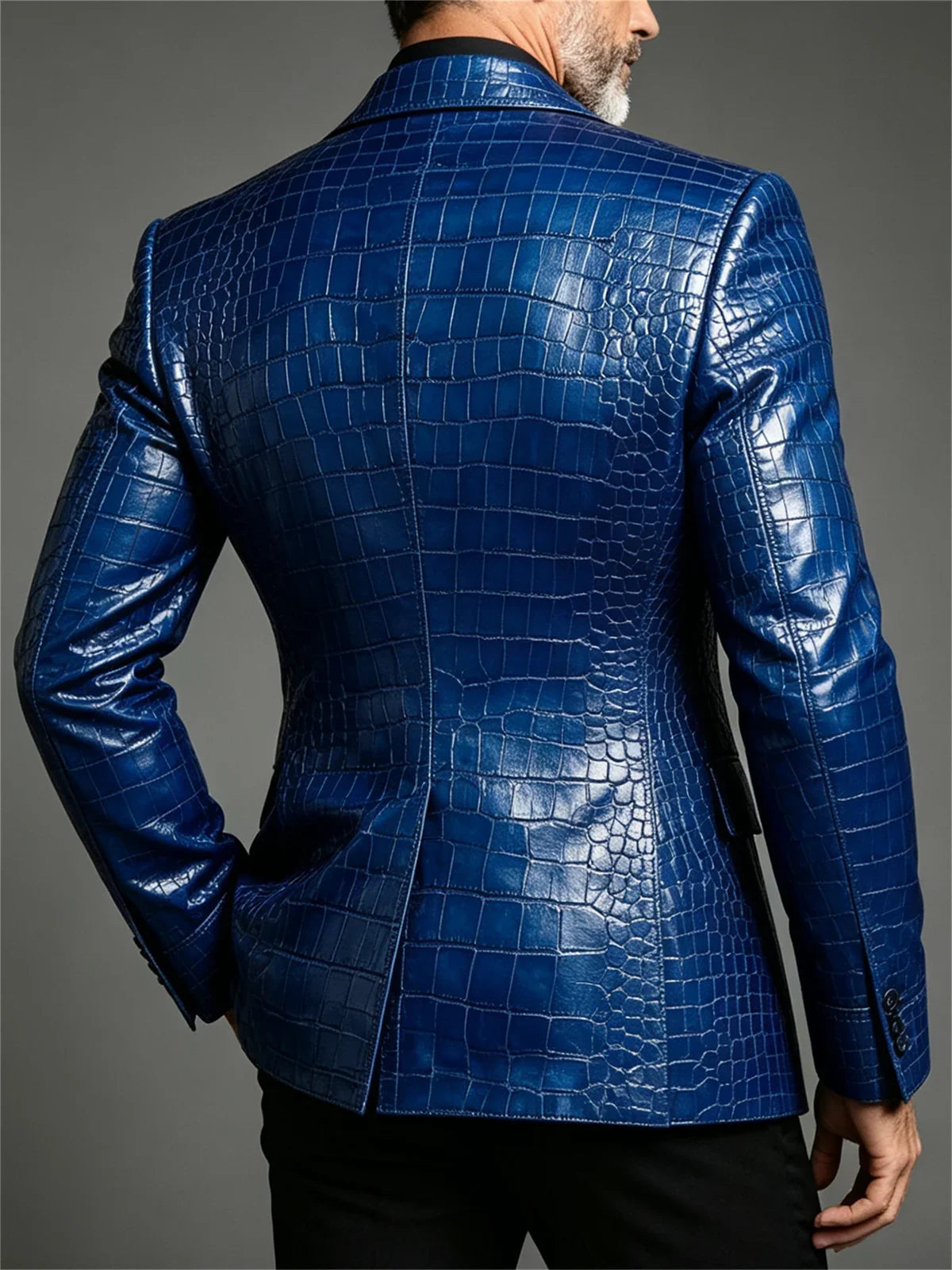 Men's Crocodile Embossed Leather Blazer Jacket Slim Fit Double Breasted Formal Suit Coat for Business Office Wrok Banquet Party