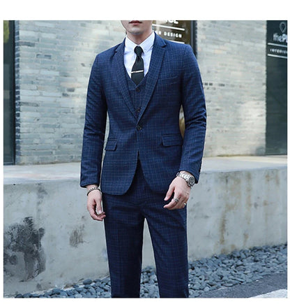 Men's Autumn Winter Trendy Three-Piece Suit Set Slim Fit Stylish Vest Trousers Ensemble Handsome Personality Wardrobe Essential