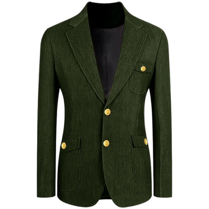 Men's Denim Suit Jacket Classic Notched Lapel Slim Fit Gold Buttons Multiple Pockets Formal Blazer Business Casual Daily Wear