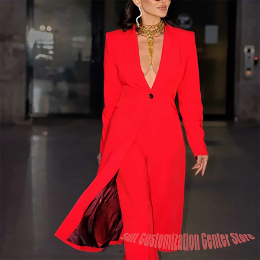 Chic Formal Women Suit Set Customized Red 2 Piece Blazer+Pants Long Style One Button Notch Lapel Wedding Party Prom Dress