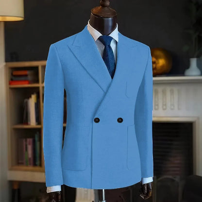 Classic Men Linen Blend Suit Blazer Double Breasted Peak Lapel Man Formal Jacket  Business Slim Fit Lightweight Coat For Wedding