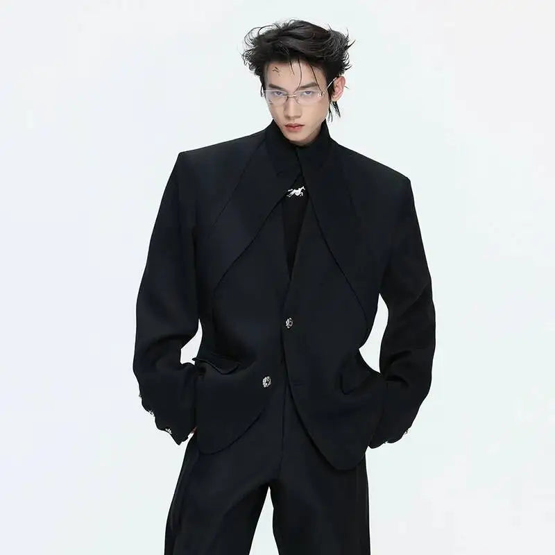 2026 Spring Patchwork Design Cross Collar Solid Color Casual Jacket Men Fashion Elegant Temperament Straight Pants JY6553
