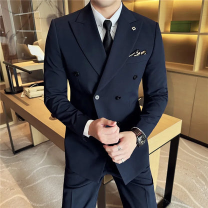 Men's Double Breasted Suit Set – Slim Fit Blazer, Vest & Pants for Wedding & Business
