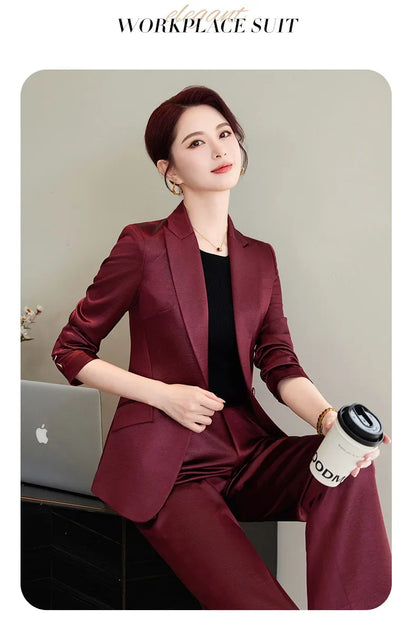 High Quality Women Purplish Red Pant Suit Female Solid Single Button Blazer and Trouser 2 Piece Set For Office Ladies Work Wear