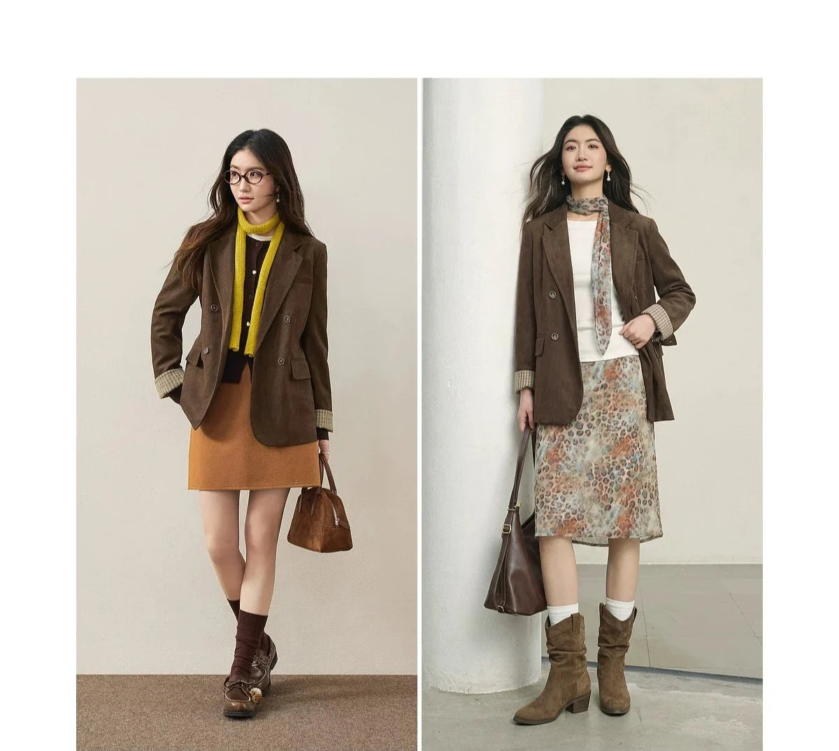 Women's Suede Casual Blazer Notched Lapel Loose Mid Length Outerwear 2026 Autumn New Brown Ladies Coat W63XC8300