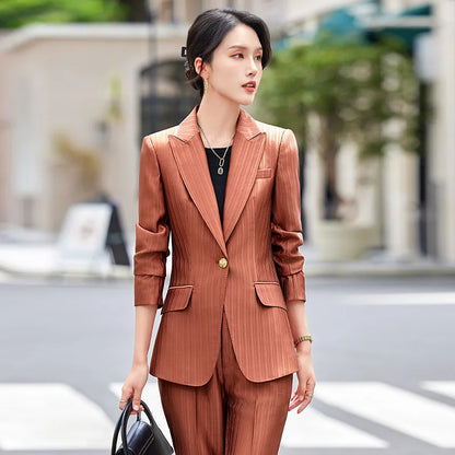Professional Women's Suit2024New Autumn Green Striped Acetate Suit Workwear Elegant High-end Workplace Formal Wear