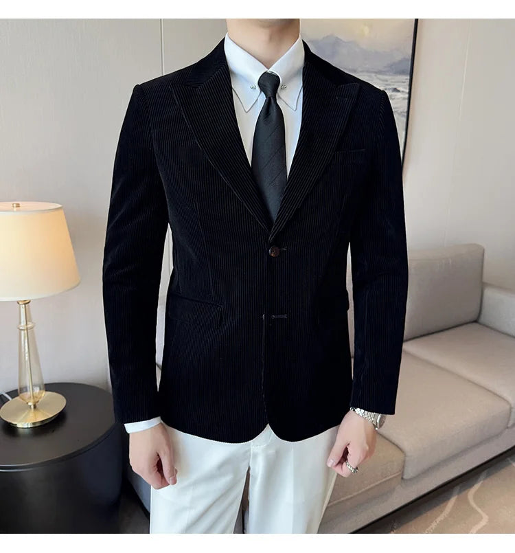 Corduroy Stripe Suit Jacket For Men Autumn Winter Business Slim Fit Tailcoat Formal Wedding Party Fashion Casual Suit Coat 4XL-M