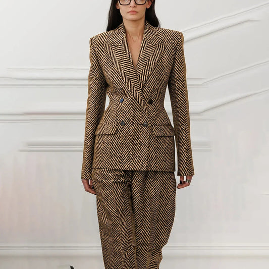 Women's Black & White Herringbone Clothes Double-breasted Two Piece(Jacket+Pants) Suit Set Luxe Fashion Casual Office Outerwears