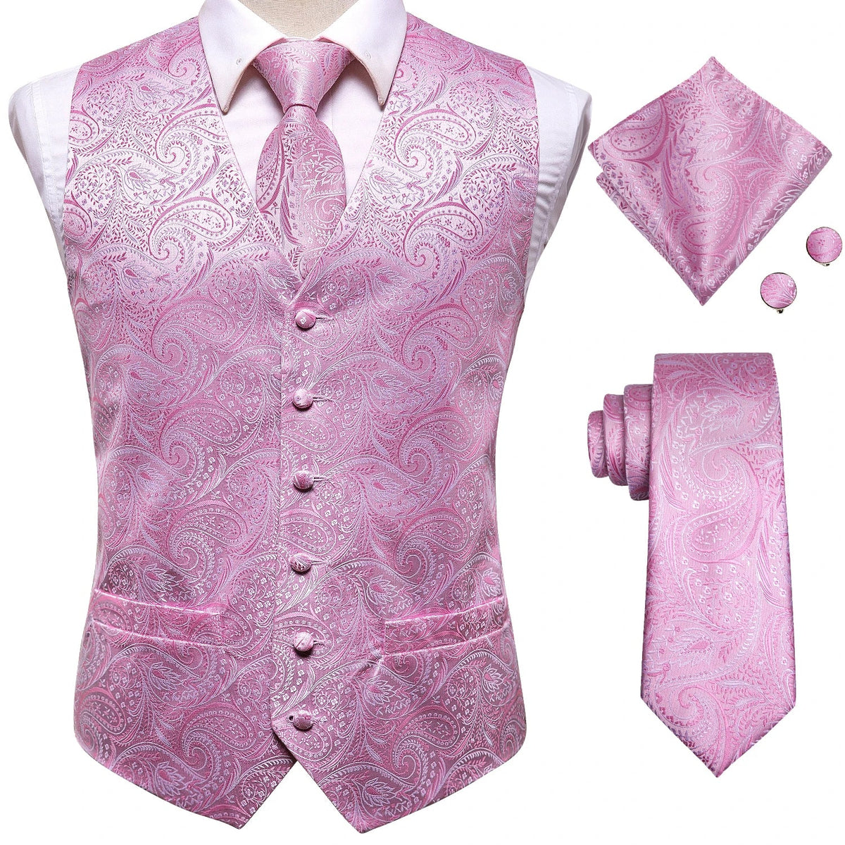 Men's Waistcoat Suit Set with Jacquard Floral Vest, Tie, Hanky & Cufflinks for Wedding and Business