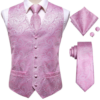 Men's Waistcoat Suit Set with Jacquard Floral Vest, Tie, Hanky & Cufflinks for Wedding and Business