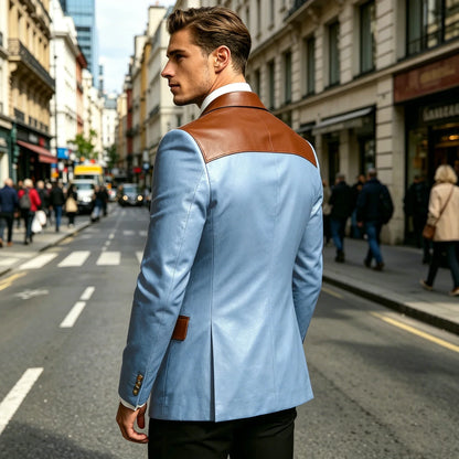 Luxury Men's Colorblock Leather Blazer Double Breasted Notched Lapel Business Casual Suit Jacket Fashion Formal Wear for Wedding