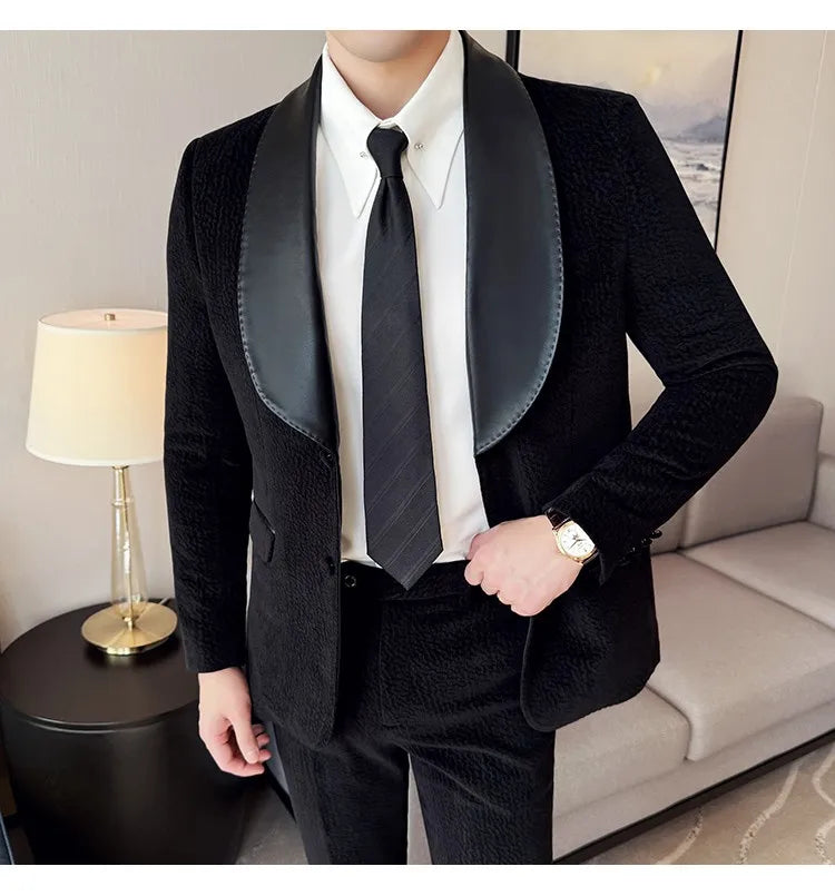 British Style PU Patchwork Suit for Men Casual Business Wedding Suits 2 Pieces Set (jacket+pant) Office Work Party Prom Suit