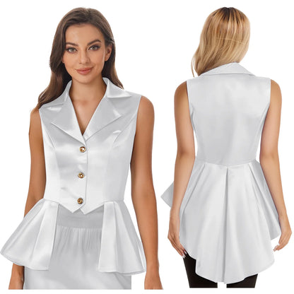 Women Sleeveless Vests Steampunk Victorian Costumes Waistcoat Jacket Top Turn-Down Collar Tuxedo Tank Top Cosplay Gothic Outfit