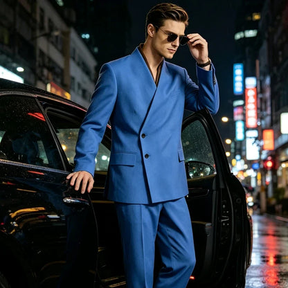 Men's 2-Piece Suit No Lapel Cross V-Neck Loose Blazer & Trousers – Wedding & Formal Occasions