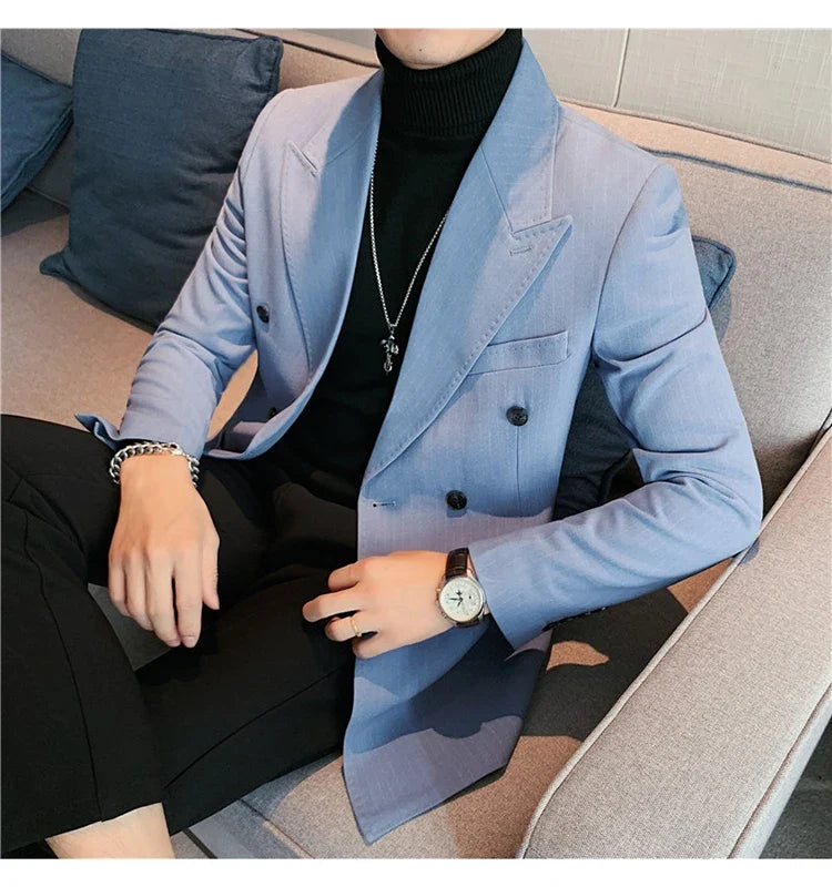 High Quality Double Breasted Suit Jacket Men Striped Casual Business Blazer Slim Fit Wedding Groom Office Social Dress Coat
