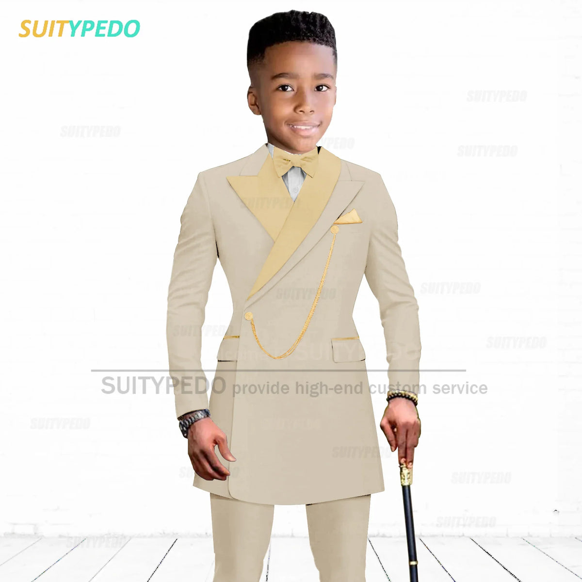 Brief Kids Suit Set  Formal Evening Prom Boys Stylish Gold Lapel Blazer And Pants Two Pieces Children Baptism Formal Costumes