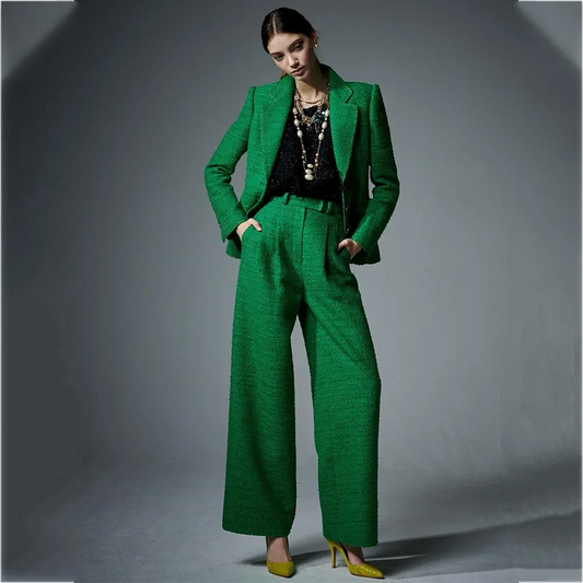 Green Tweed Two Piece Women's Suit Notched Lapel Single Breasted Blazer Set Modern Style Elegant Lady Party Luxury Outfit