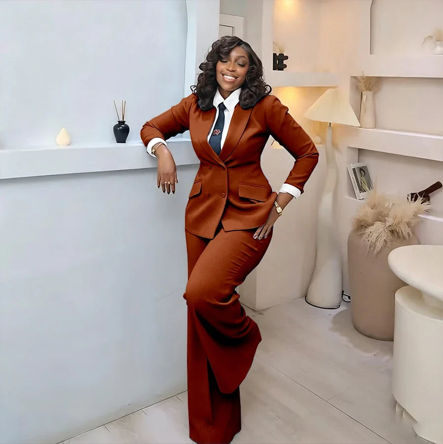 Classic Professional Burgundy Double Breasted Women's Suit Office Formal 2 Piece Jacket Pants Set Casual Daily Streetwear