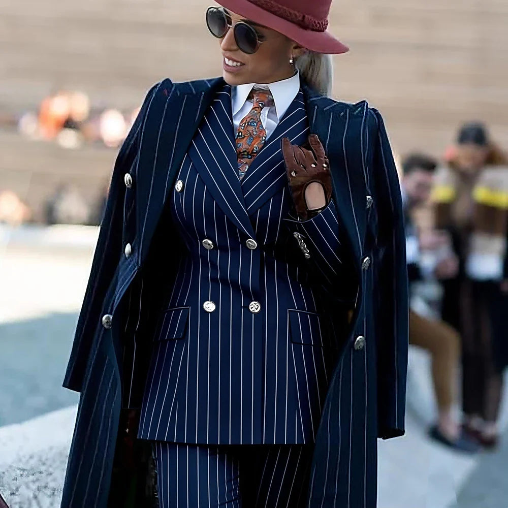 Formal Women's Burgundy Pinstripe Suit with Navy Blue Striped Coat Double Breasted 3Piece Set Elegant Evening Party Outerwears