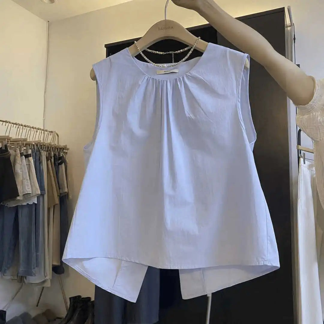 Korean Loose Fit Round Neck Sleeveless Vest 2025 Summer Women's Pure Top Split at Back Shirt
