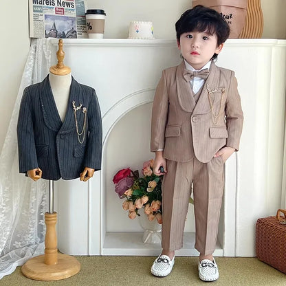Kids Striped Birthday Party Outfit Boys Wedding Suit Set Childre's Jacket Vest Pants Bowtie Brooch 5Pieces Winter Clothing Set