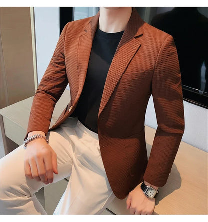 2025 Spring New Waffle Suit Coats Men Slim Fit Business Casual Blazer Jacket Homme Formal Groom Prom Wedding Tuxedo 4XL-M