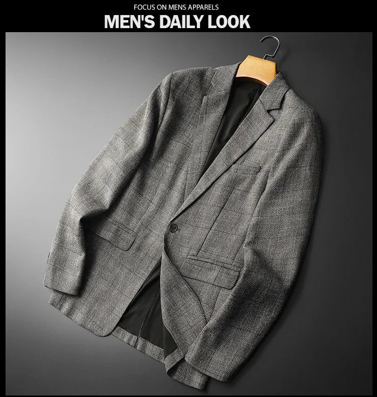 Spring Autumn Classic Checkered Suit Jacket Men Slim Fit Casual Business Office Uniform Formal Jacket Wedding Groom Men Blazers