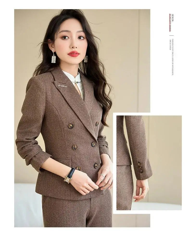 Elegant Lady Wide Leg Pant Sets for Women 2 Pieces Blazer Suit Double Breasted Jacket Trousers Outfit Female Autumn Winter