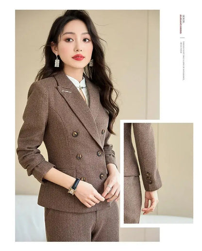 Elegant Lady Wide Leg Pant Sets for Women 2 Pieces Blazer Suit Double Breasted Jacket Trousers Outfit Female Autumn Winter