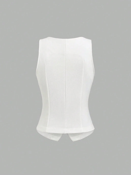 Metal Buckle Sleeveless Vest with Faux Pockets Blazer Jacket