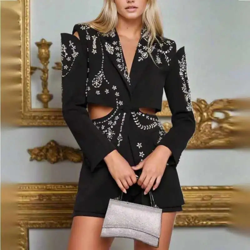 Sexy Stylish Coats 2025 Spring Autumn New Women Diamonds Nail Bead Heavy Waist Exposed High Sense Long Sleeve Blazer HK3760